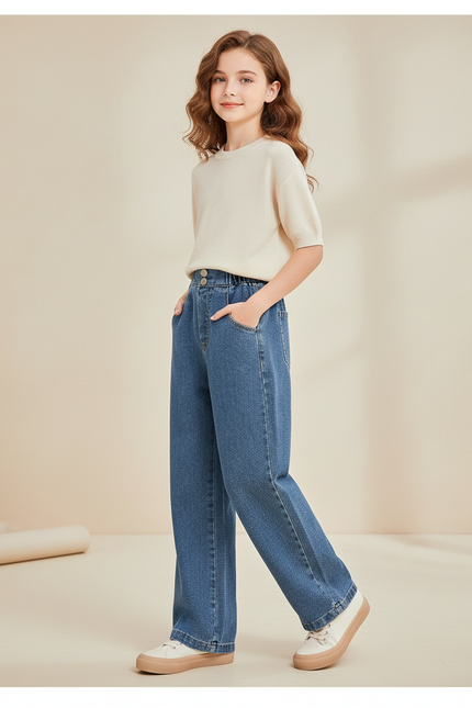Pantalon Baggy Fille Bleu Taille Élastique - Jean