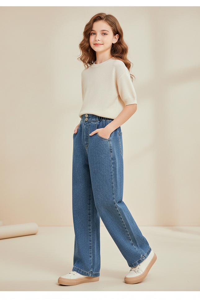 Pantalon Baggy Fille Bleu Taille Élastique - Jean