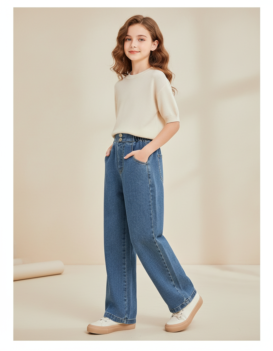 Pantalon Baggy Fille Bleu Taille Élastique - Jean
