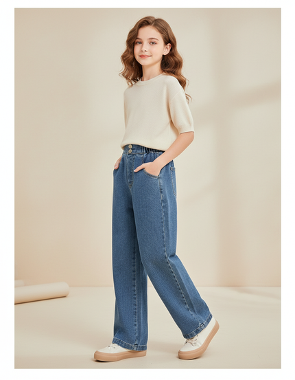 Pantalon Baggy Fille Bleu Taille Élastique - Jean