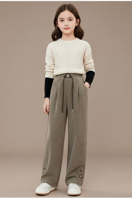 Pantalon Baggy Vert Côtelé Chaud Décontracté Enfant - Kaki Cordé