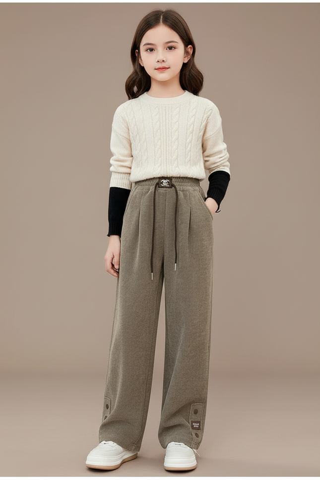 Pantalon Baggy Vert Côtelé Chaud Décontracté Enfant - Kaki Cordé