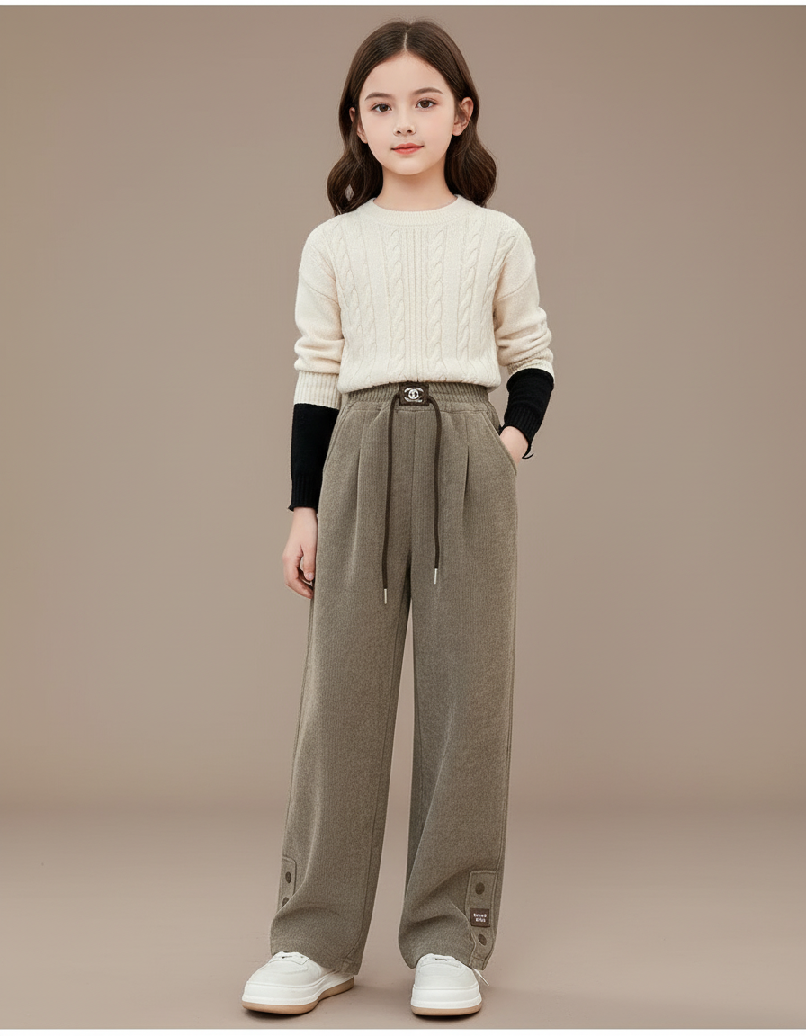 Pantalon Baggy Vert Côtelé Chaud Décontracté Enfant - Kaki Cordé