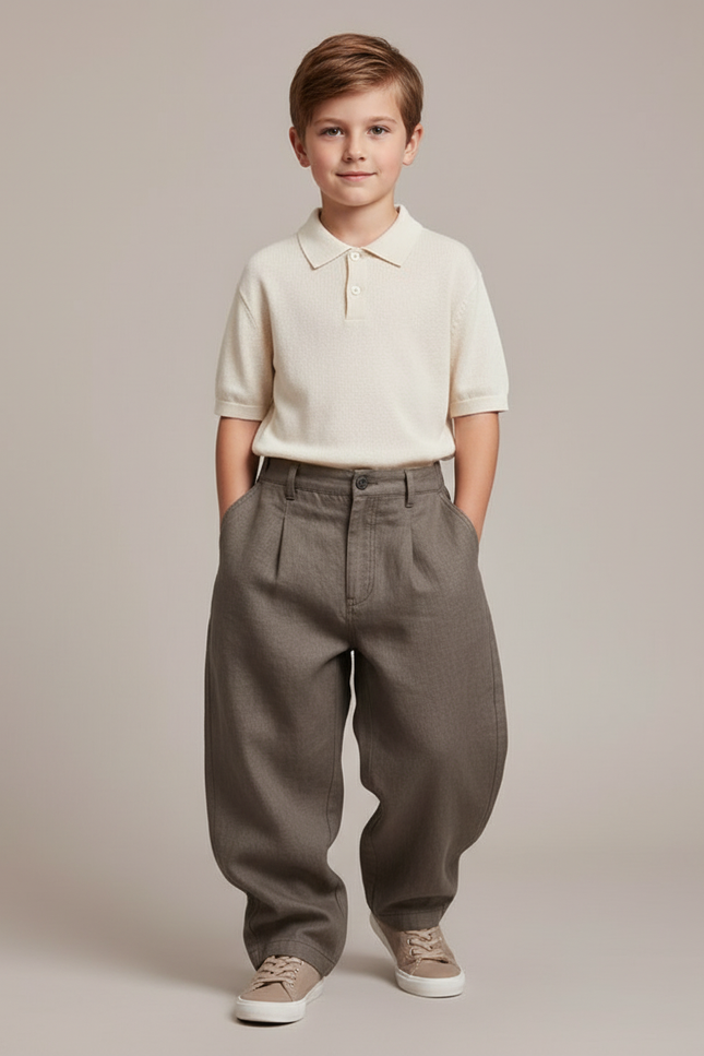 Pantalon Baggy Marron Plissé Ample Enfant Casual - Gabardine