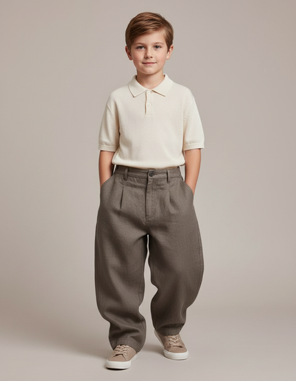 Pantalon Baggy Marron Plissé Ample Enfant Casual - Gabardine