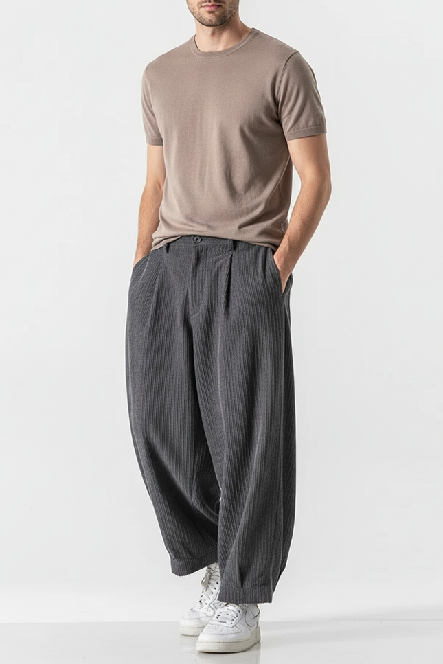 Pantalon Baggy Côtelé Gris Plissé Ample Homme - Cordé