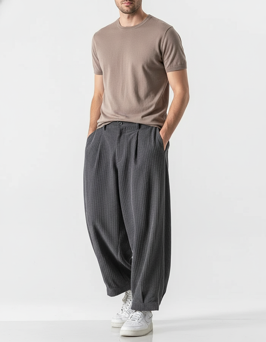 Pantalon Baggy Côtelé Gris Plissé Ample Homme - Cordé