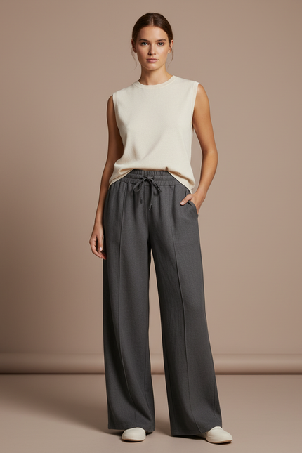Pantalon Baggy Gris Anthracite Fluide Décontracté Cordon - Viscose