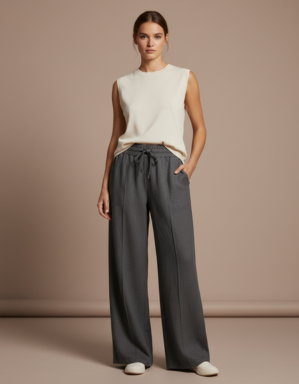 Pantalon Baggy Gris Anthracite Fluide Décontracté Cordon - Viscose