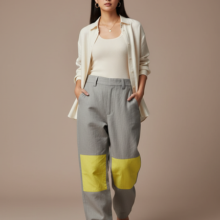 Pantalon Baggy Gris Patchwork Jaune Décontracté Unisexe - Lin