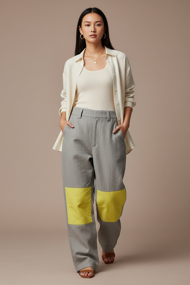 Pantalon Baggy Gris Patchwork Jaune Décontracté Unisexe - Lin