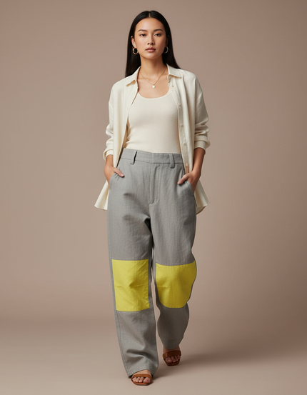 Pantalon Baggy Gris Patchwork Jaune Décontracté Unisexe - Lin