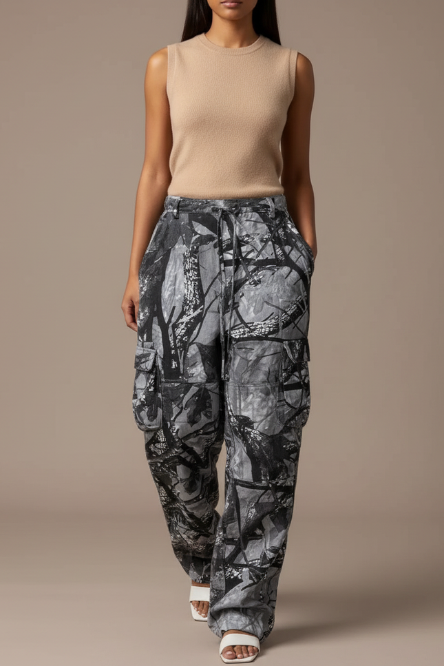 Pantalon Baggy Camouflage Gris Cargo Ample Femme Y2K - Toile