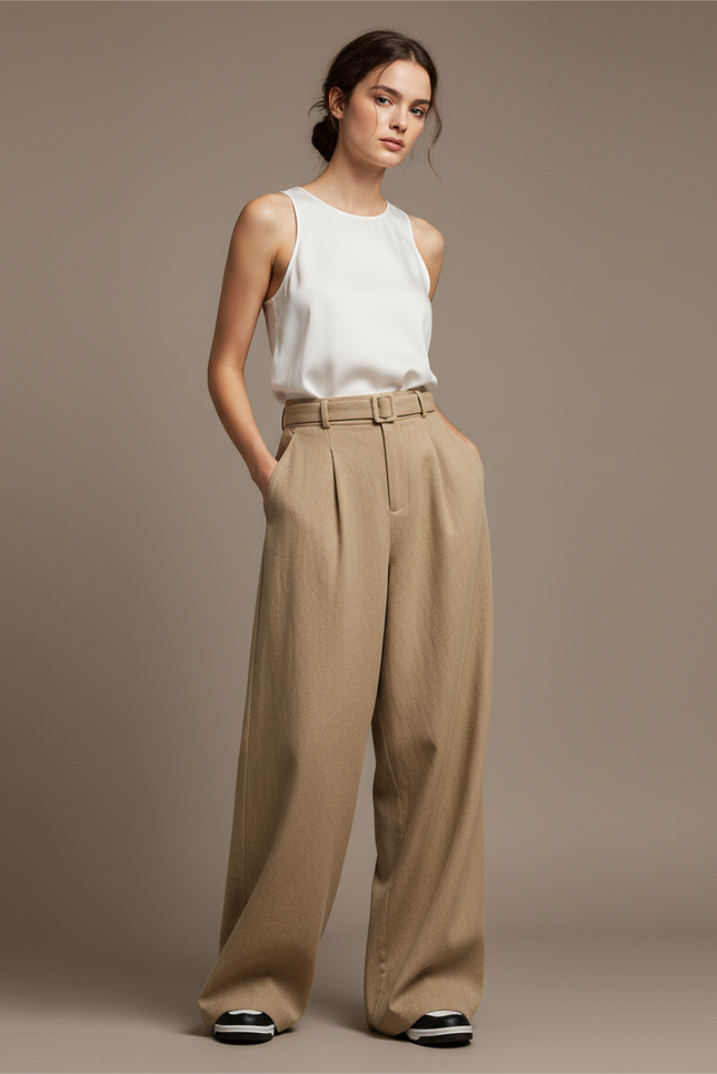Pantalon Baggy Beige Ample Taille Haute Élégant - Laine