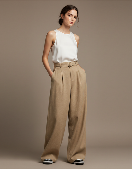 Pantalon Baggy Beige Ample Taille Haute Élégant - Laine