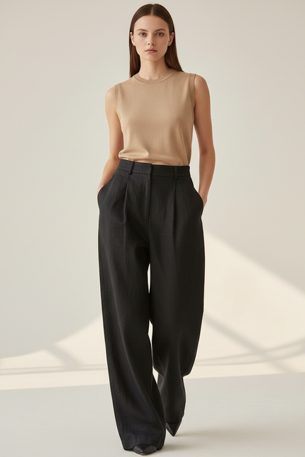 Pantalon Baggy Noir Lin Plissé Ample