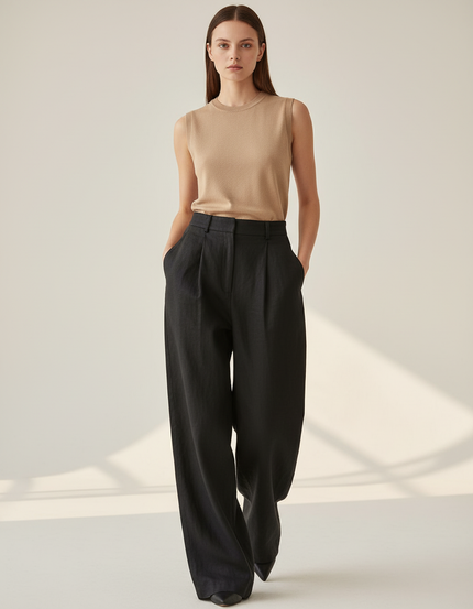 Pantalon Baggy Noir Lin Plissé Ample