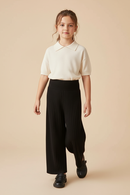 Pantalon Baggy Noir Tricoté Ample Côtelé Confortable Fille - Maille