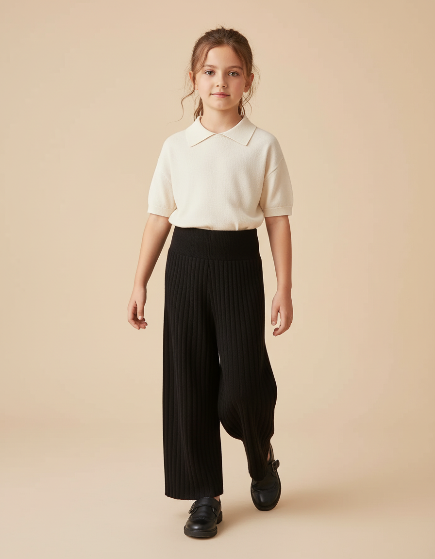 Pantalon Baggy Noir Tricoté Ample Côtelé Confortable Fille - Maille