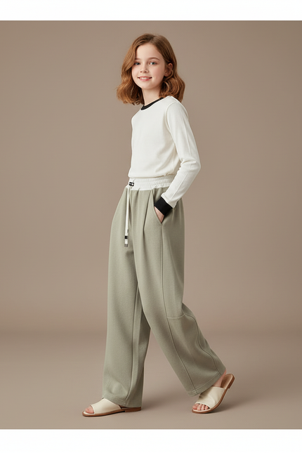 Pantalon Baggy Vert Cordon Ample Décontracté Enfant - Molleton