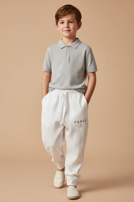 Pantalon Baggy Blanc Cordon Imprimé PARIS Confortable Enfant - Molleton