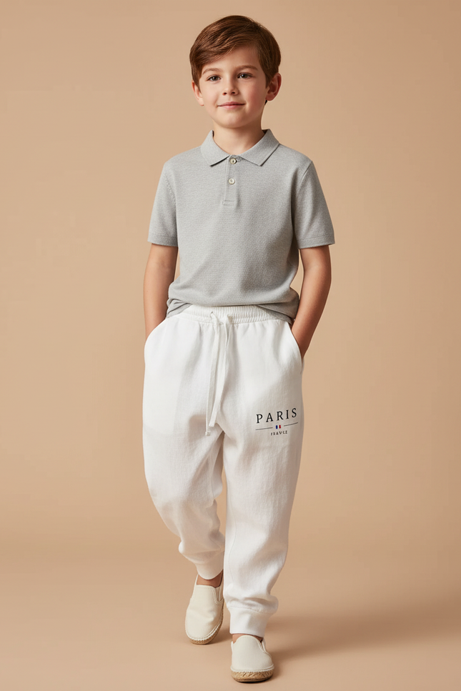 Pantalon Baggy Blanc Cordon Imprimé PARIS Confortable Enfant - Molleton