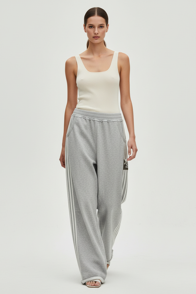 Pantalon Baggy Gris Large Coton Rayures Décontracté - Molleton