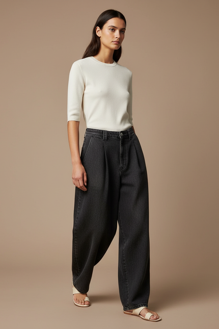 Pantalon Baggy Noir Ample Plissé Taille Haute - Jean