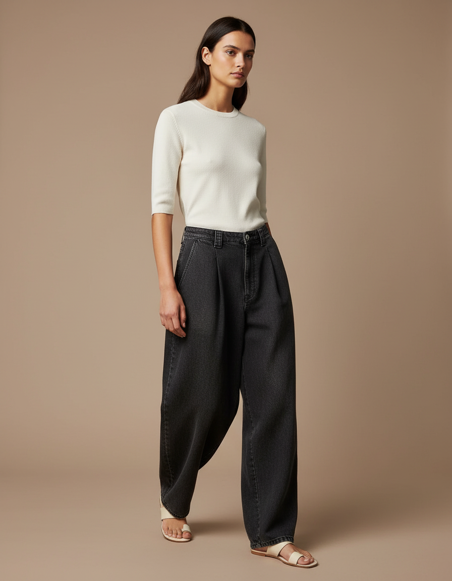Pantalon Baggy Noir Ample Plissé Taille Haute - Jean