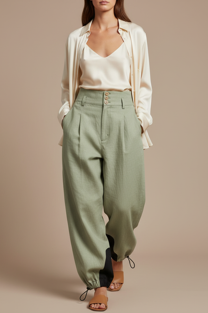 Pantalon Baggy Vert Menthe Fluide Lin Femme