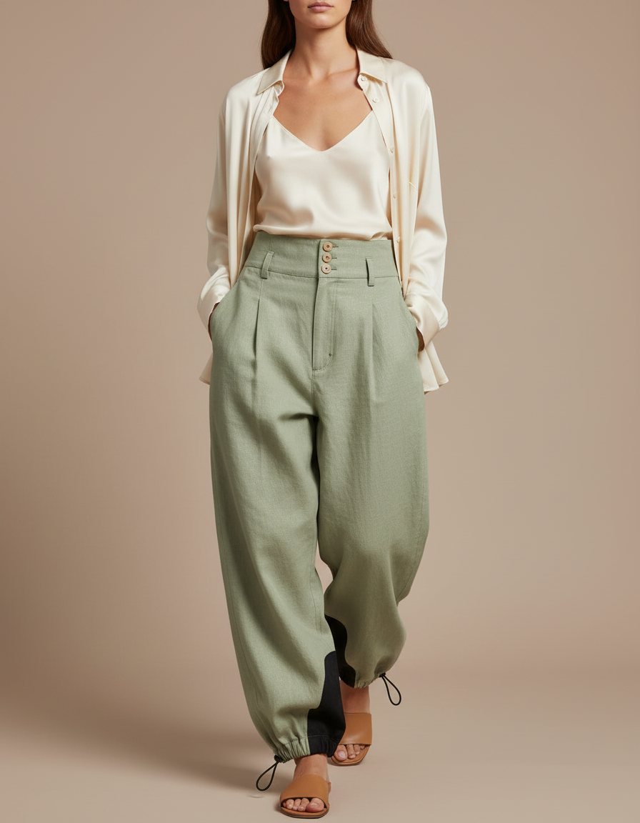 Pantalon Baggy Vert Menthe Fluide Lin Femme