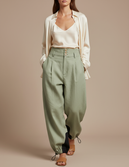 Pantalon Baggy Vert Menthe Fluide Lin Femme