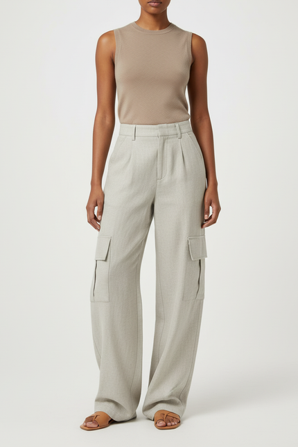 Pantalon Baggy Gris Clair Fluide Cargo Ample Femme - Laine