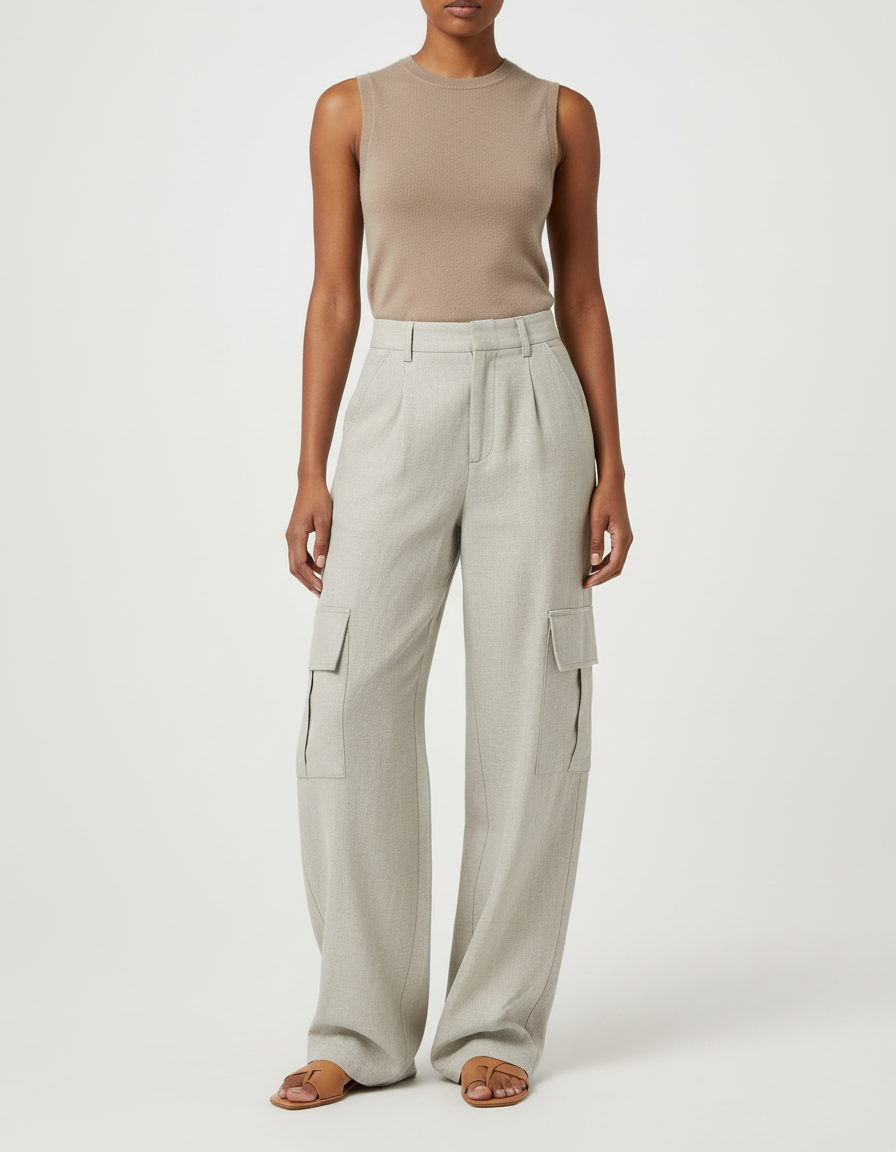 Pantalon Baggy Gris Clair Fluide Cargo Ample Femme - Laine