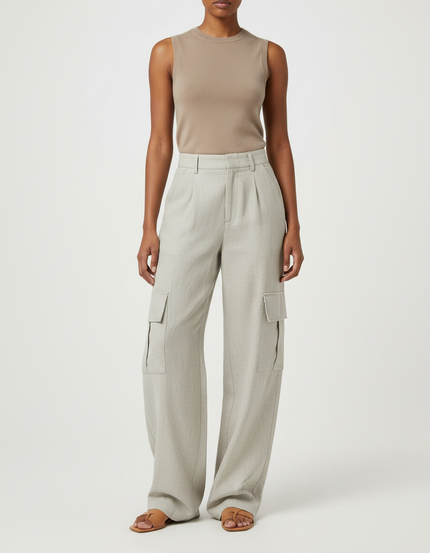Pantalon Baggy Gris Clair Fluide Cargo Ample Femme - Laine