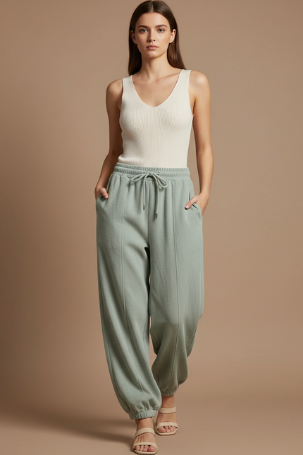 Pantalon Baggy Vert Menthe Molletonné Ample Décontracté