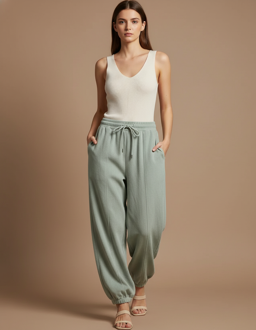 Pantalon Baggy Vert Menthe Molletonné Ample Décontracté