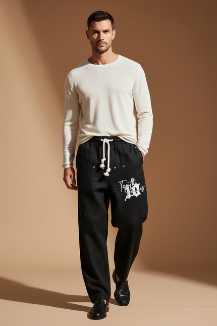 Pantalon Baggy Noir Lin Ample Imprimé Cordon Homme