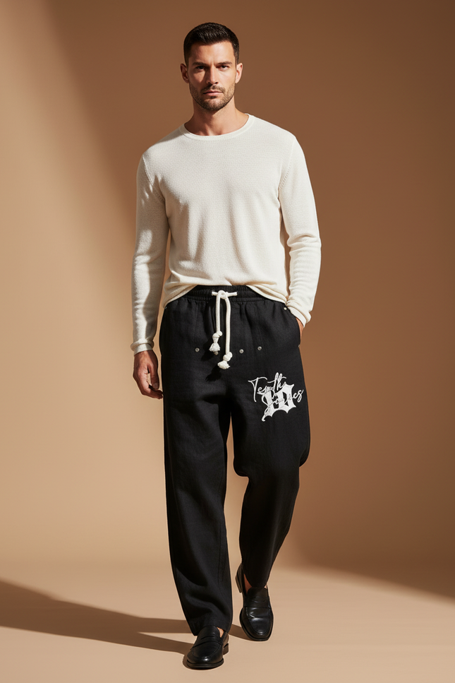 Pantalon Baggy Noir Lin Ample Imprimé Cordon Homme