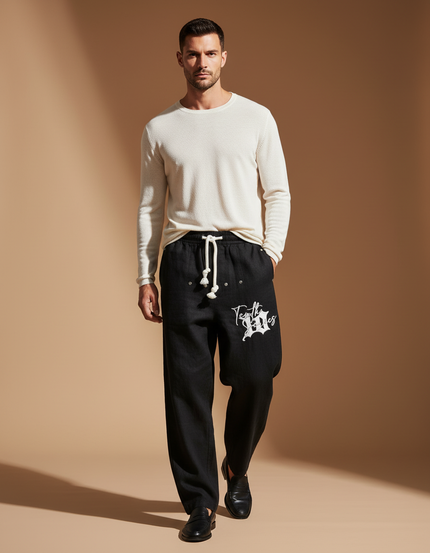 Pantalon Baggy Noir Lin Ample Imprimé Cordon Homme