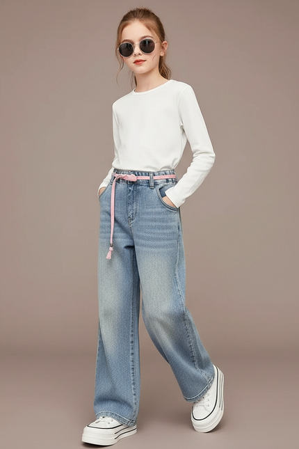 Pantalon Baggy Jean Denim Ample Décontracté Fille - Bleu