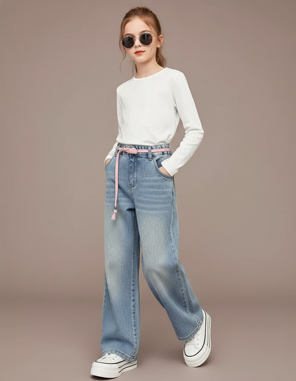 Pantalon Baggy Jean Denim Ample Décontracté Fille - Bleu