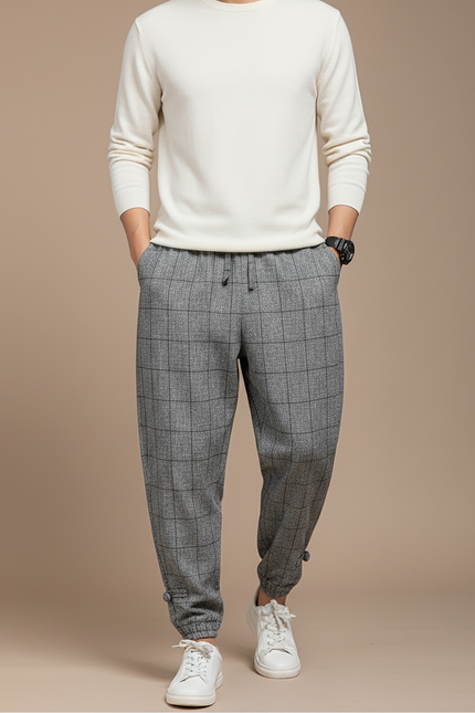 Pantalon Baggy Gris Carreaux Ample Décontracté Homme - Tweed