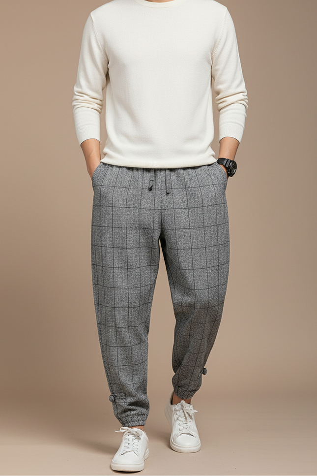 Pantalon Baggy Gris Carreaux Ample Décontracté Homme - Tweed