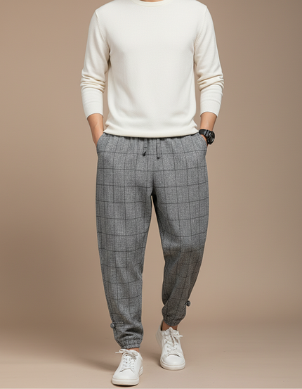 Pantalon Baggy Gris Carreaux Ample Décontracté Homme - Tweed