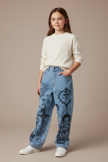 Pantalon Baggy Jean Clair Imprimé Manga Unisexe Décontracté - Bleu