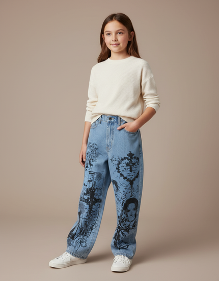 Pantalon Baggy Jean Clair Imprimé Manga Unisexe Décontracté - Bleu