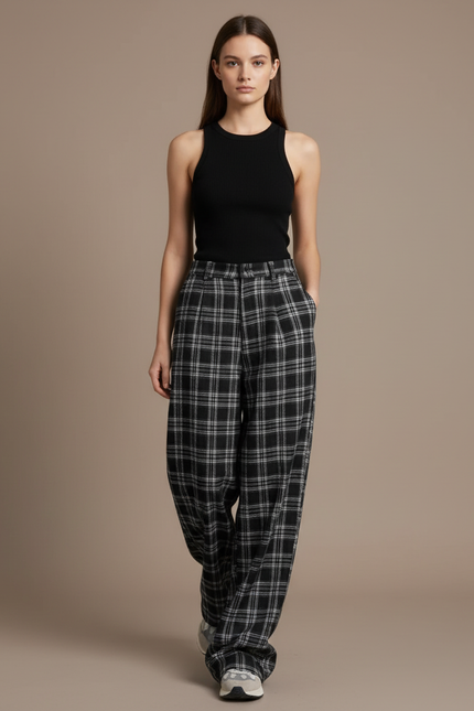 Pantalon Baggy Plaid Noir Blanc Ample Femme - Imprimé Laine
