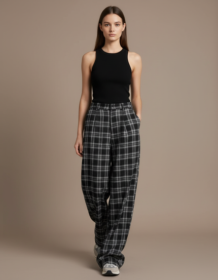 Pantalon Baggy Plaid Noir Blanc Ample Femme - Imprimé Laine