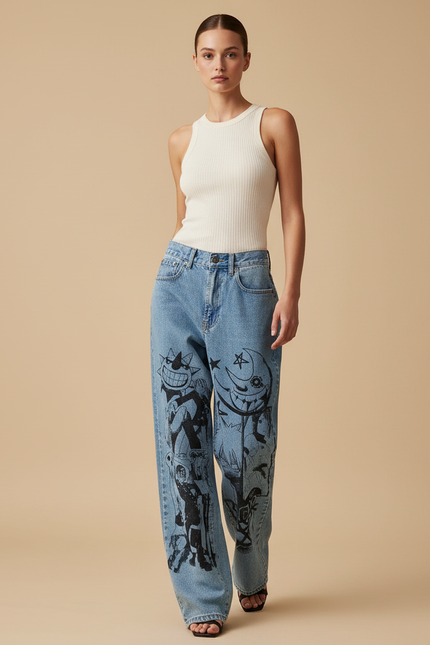 Pantalon Baggy Jean Clair Ample Imprimé Manga Streetwear - Bleu